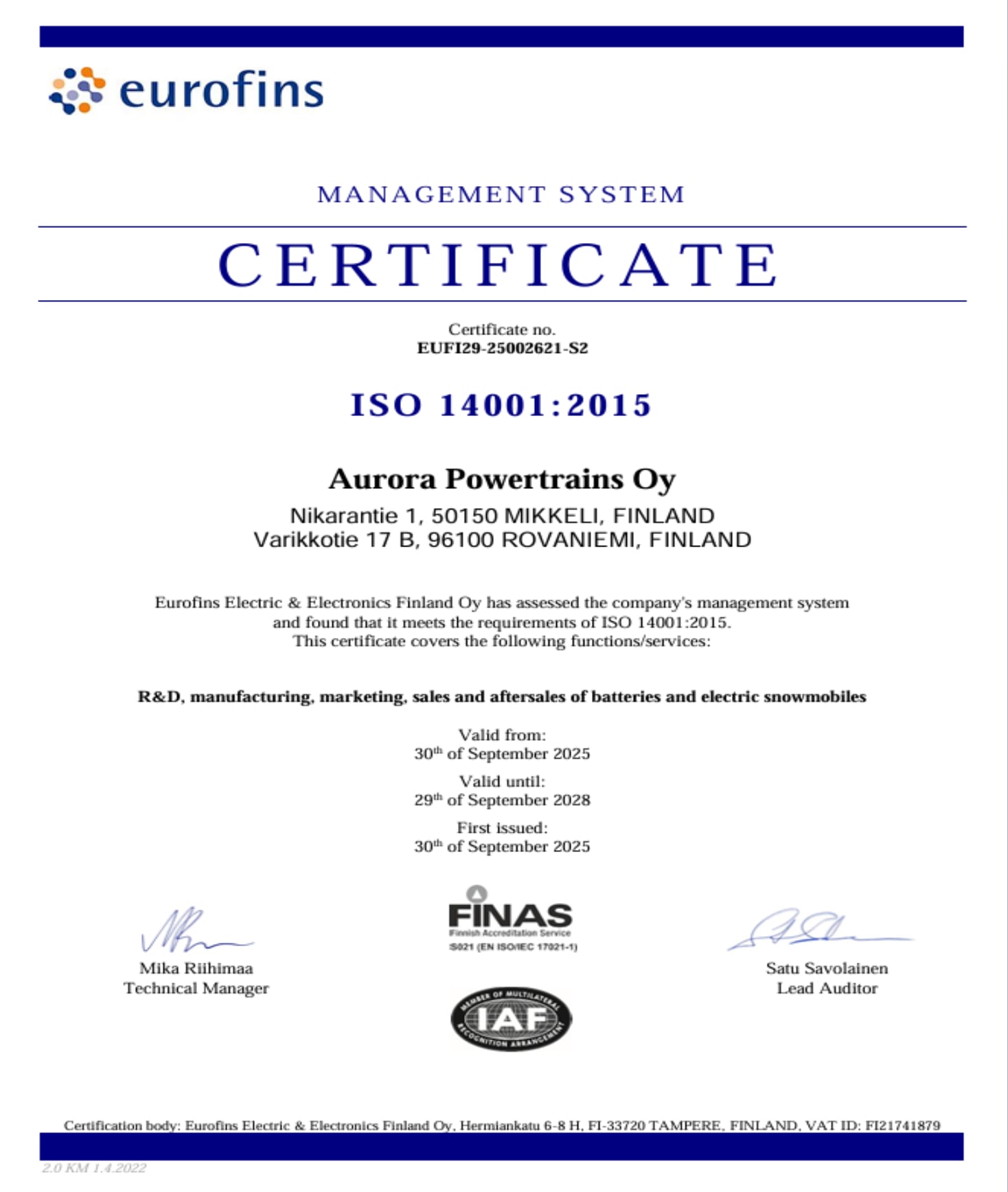 ISO 14001 certificate